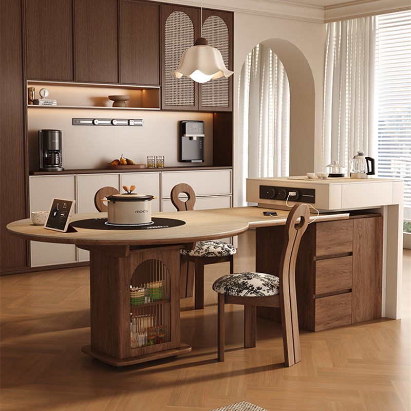 中古风洞石岩板岛台餐桌一体家用可D伸缩折叠方变圆导台带暖菜转