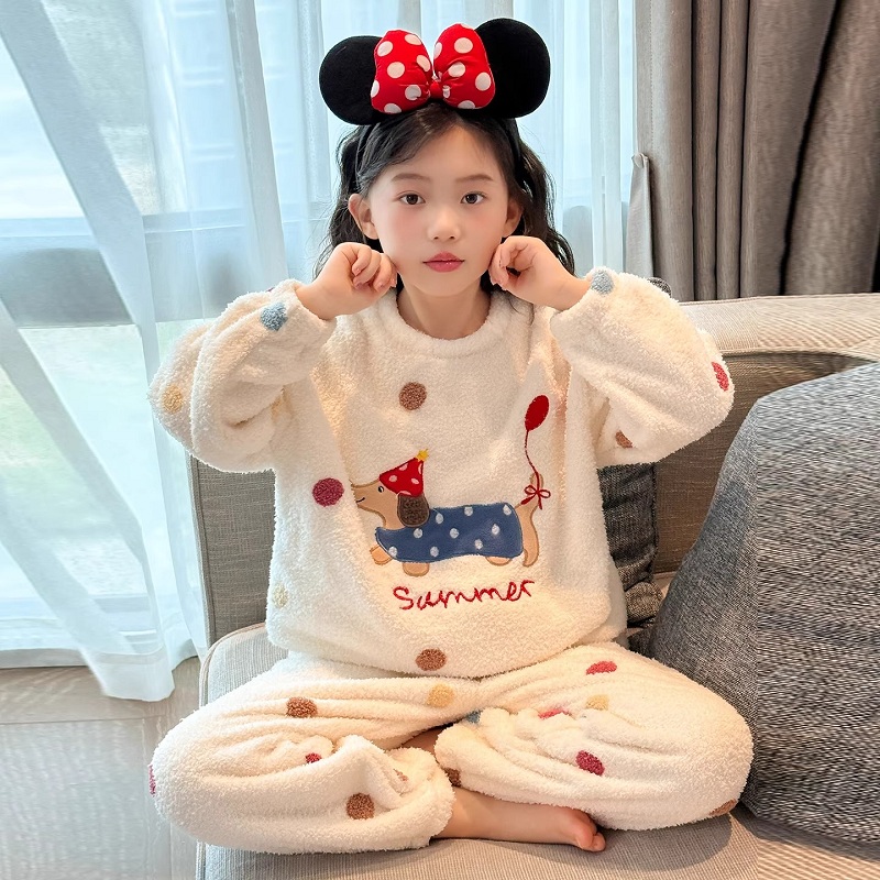女童睡衣秋冬2025新款儿童冬季家居服卡通洋气腊肠狗珊瑚绒睡衣潮