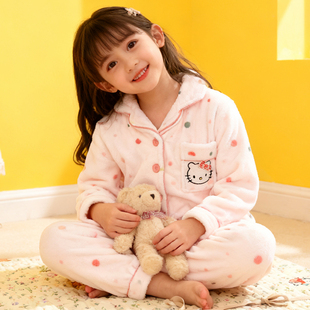 儿童可爱hellokitty珊瑚绒睡衣女童冬季保暖法兰绒女孩大童家居服