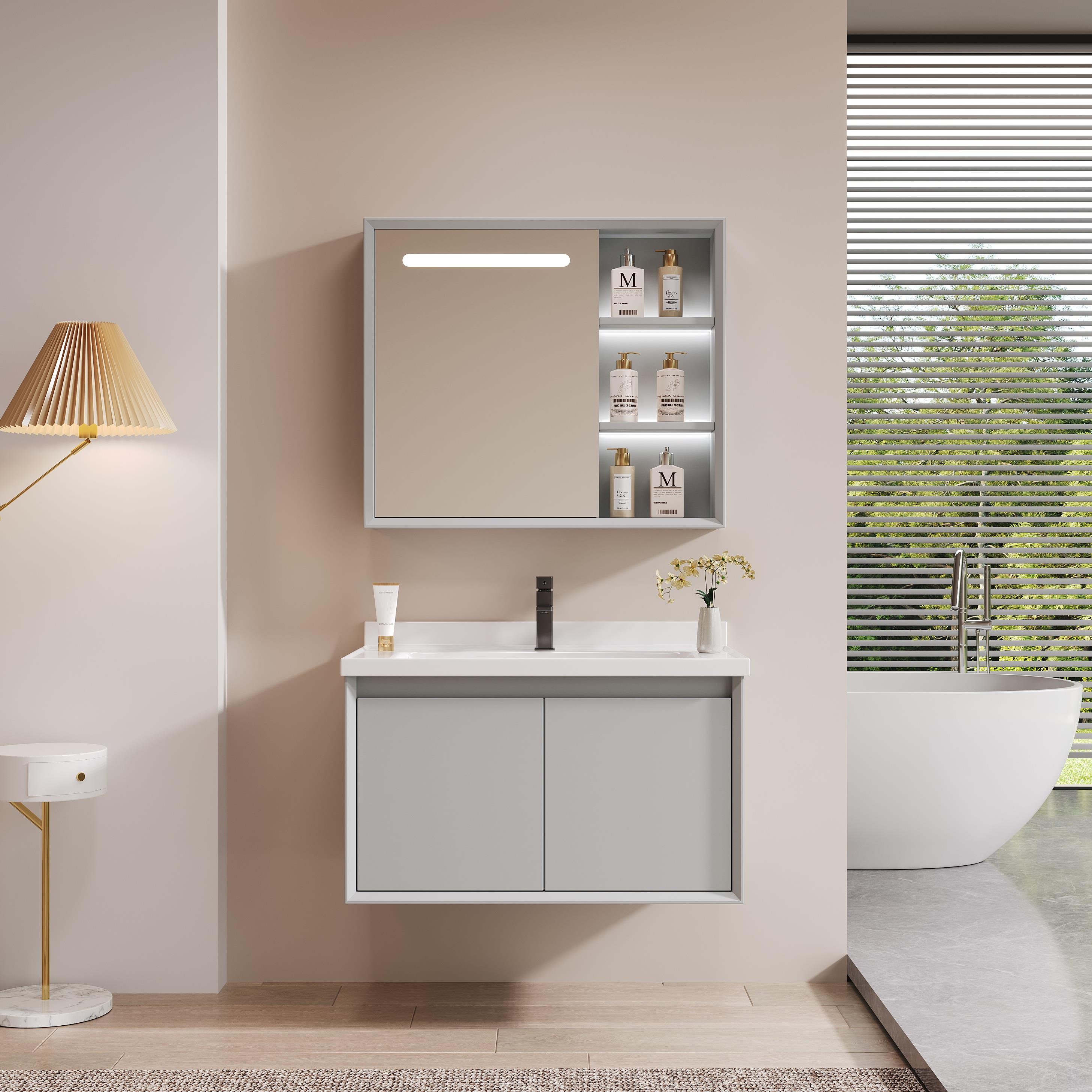 橡木烤漆浴室柜镜柜化妆室挂墙陶瓷一体盆洗漱台洗脸洗手盆柜组合