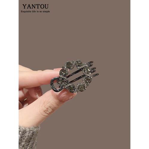 轻奢气质镂空鸭嘴夹侧边刘海夹发卡子碎发夹子黑色水钻边夹头饰女