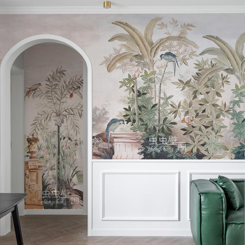 欧法式油画宫廷热带雨林卧室沙发电视背景墙布壁纸复中古玄关定制