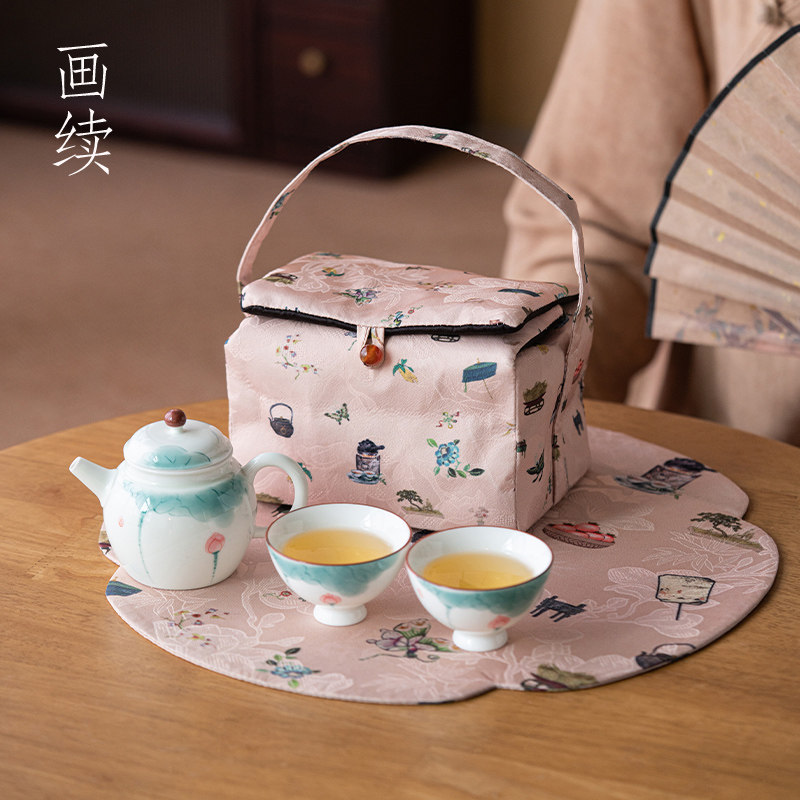 画续白瓷手绘荷花泡茶壶一壶二杯功夫旅行茶具便携式收纳包旅游