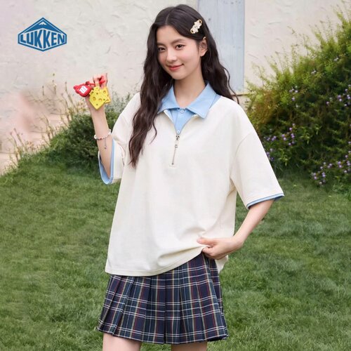 LUKKENLUKKEN女短袖POLO衫撞色拼接翻领拉链宽松上衣