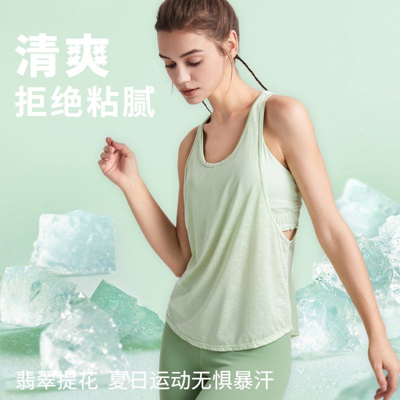 跨境夏季健身工字舒适背心速干外穿透气运动罩衫提花T恤瑜伽服女