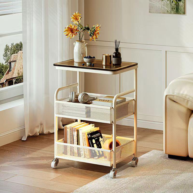 奶油风可移动小推车置物架客厅沙发边几零食收纳架子小茶几侧边柜