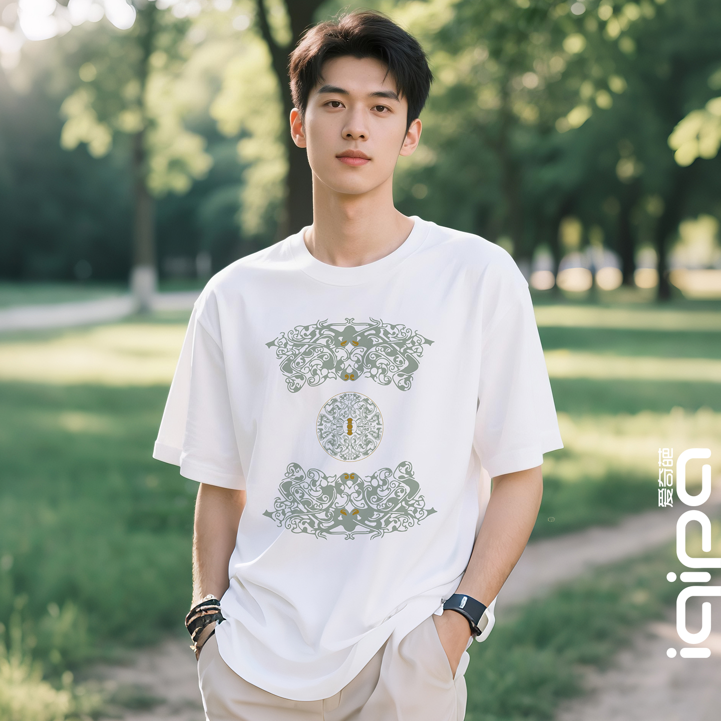 爱奇葩 原创t恤男云翳青铜纹样国潮时尚宽松男女款白色纯棉t恤