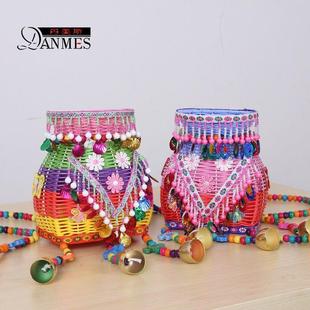 2024新款七彩儿童双肩背篓手工编制多色串搭小背篼儿童舞台道具