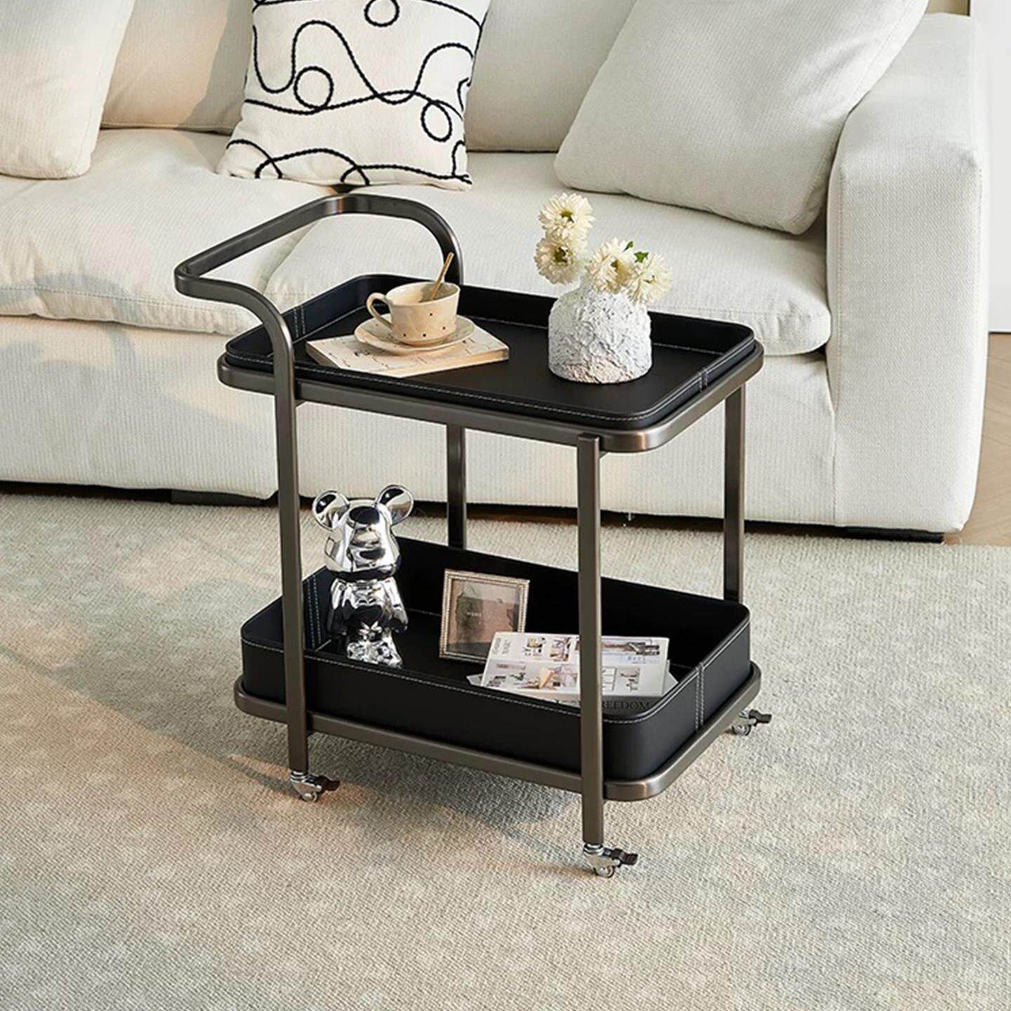 奈斯/法式覆古马鞍皮移动推车边几茶几客厅不锈钢角几带轮置物架