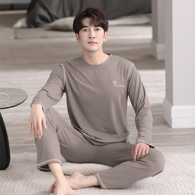 莫代尔男士睡衣春秋款圆领套头薄款长袖大码青年家居服套装可外穿