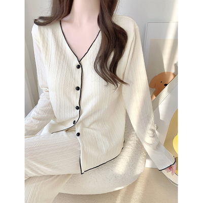 女士纯棉无领睡衣女款春秋季2025年新款带胸垫一体长袖套装家居服