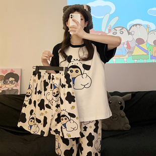 薄款 韩版 三件套装 甜美睡衣女夏季 可爱卡通休闲家居服 纯棉套头短袖