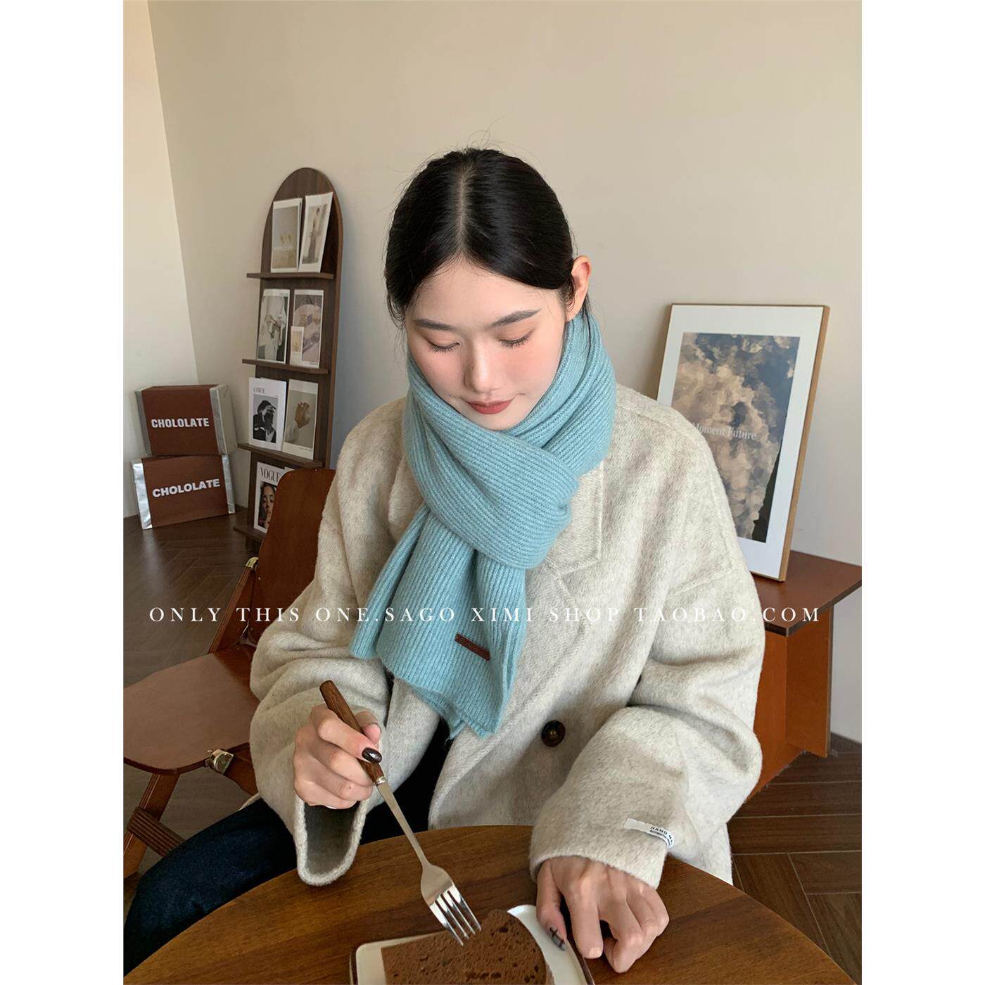 蒂芙尼蓝色羊毛混纺针织毛线围巾女韩版秋冬保暖防风时尚百搭围脖