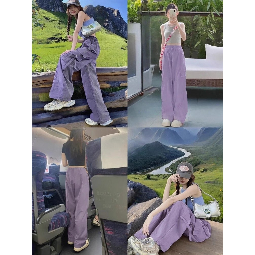 美式紫色速干工装裤女夏季2025新款高腰显瘦休闲风伞兵运动阔腿裤