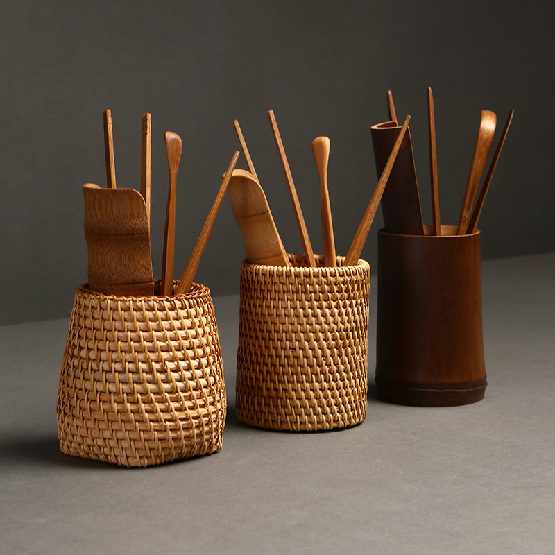 茶道六君子套装茶则三件套茶荷茶夹茶拔茶具收纳茶筒藤编茶具配件