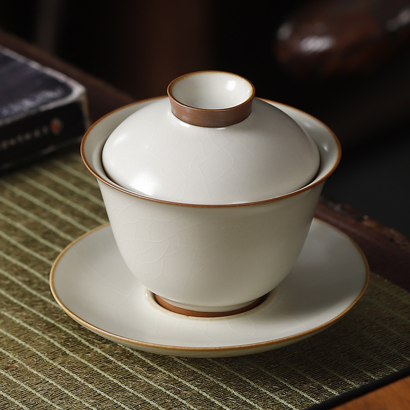 米黄汝窑三才盖碗茶杯单个家用泡茶碗陶瓷不烫手盖碗茶功夫茶具
