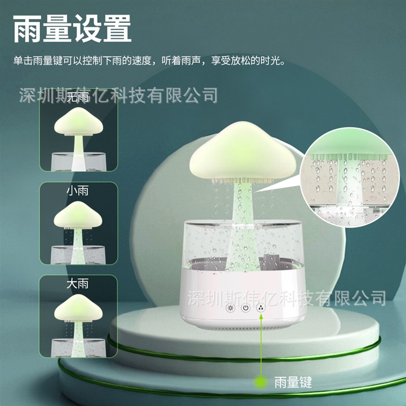 白噪音下雨加湿器 超声波雾化加湿七彩蘑菇云朵云雨滴夜灯香薰机