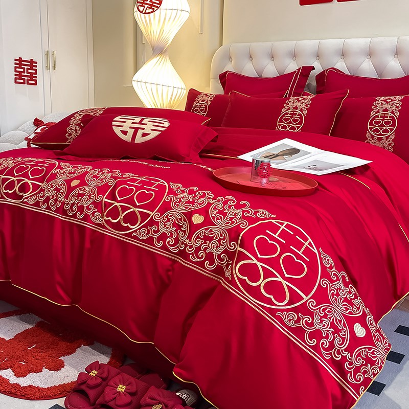 高级感婚庆四件套红色结婚刺绣被套床单婚礼喜被W床上用品婚嫁