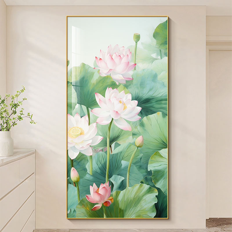 荷花入户玄关装饰画现代简约茶室客厅高级感壁画和气生财走廊挂画