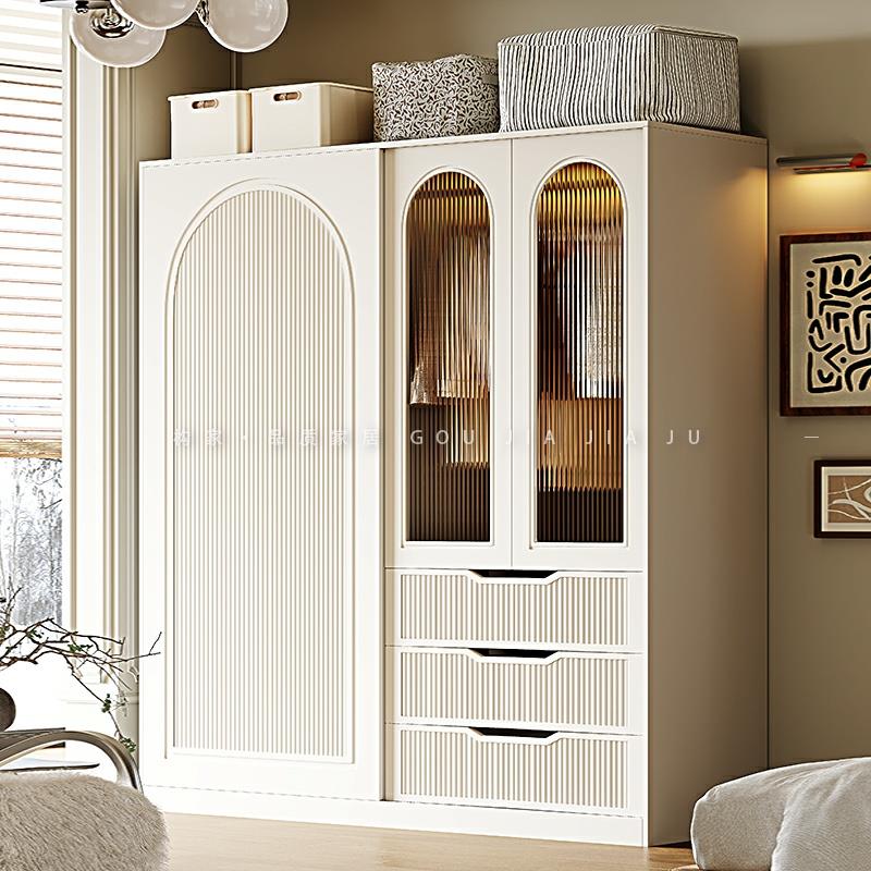 推拉门衣柜法式复古奶油风卧室衣橱小户型梳妆台一体收纳成品柜子