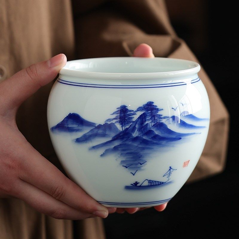 手绘青花小茶渣桶废茶水水盂功夫茶具配件茶洗茶渣缸茶盂家用建水