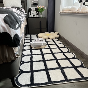 床边地毯卧室仿羊绒黑白几何床边毯床前地毯黑白简约风格 加厚家用