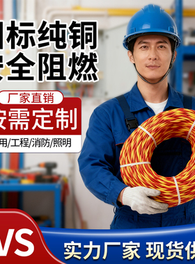 国标家用照明线纯铜RVS消防工程双绞花线软电线2芯1.5/2.5/4平方