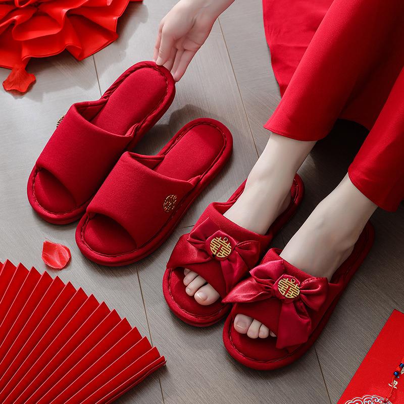 婚庆用品新款开口光面蝴蝶喜字拖鞋居家情侣创意室内拖鞋结婚