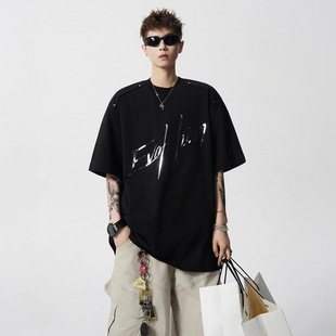 潮牌反光印花t恤男夏季美式解构圆领短袖高街设计感百搭休闲上衣