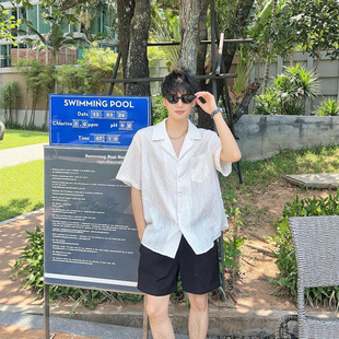 高级感古巴领提花短袖衬衫男夏季新款设计感宽松凹凸肌理衬衣潮流