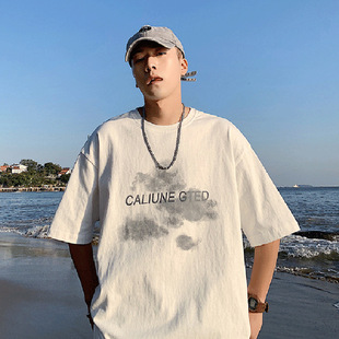 网红原宿港风t恤男ins超火夏季短袖潮牌宽松简约百搭衣服潮流半袖