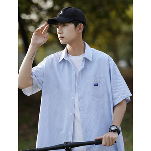 Cityboy条纹衬衫男短袖夏季痞帅休闲翻领衬衫青少年潮流百搭外套