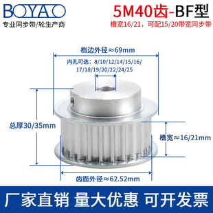 同步轮5M40齿T槽宽16 21BF型凸台阶铝合金同步皮带轮精加工孔8