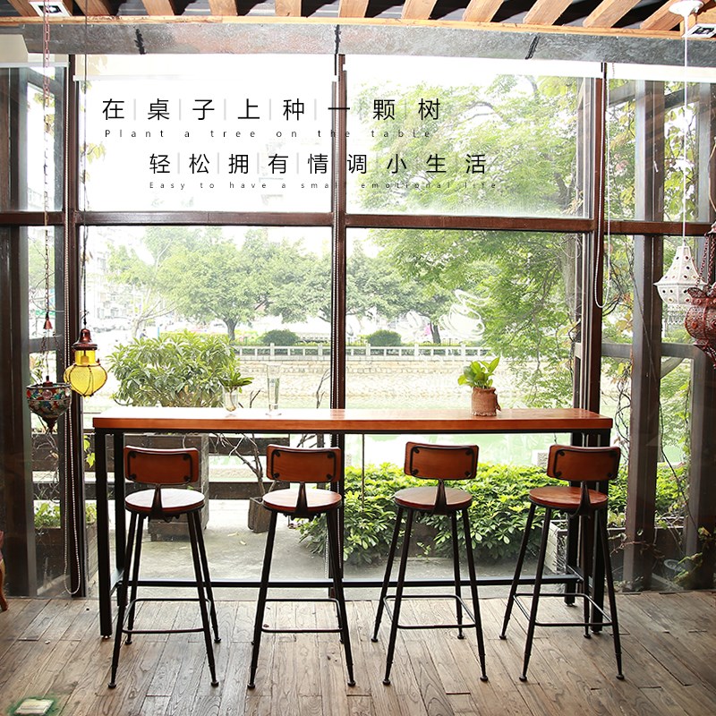 奶茶店咖啡厅吧台椅高脚凳靠墙吧台桌美式酒吧桌椅高脚桌复古实木