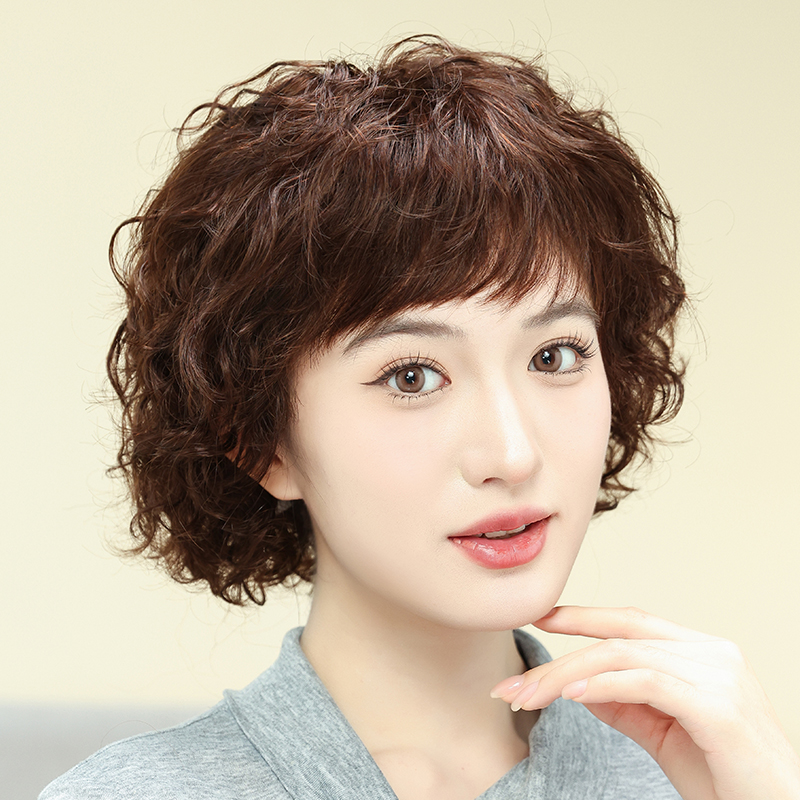 假发女全头套真人发丝短发真发假发套自然卷发真头发女士中老年