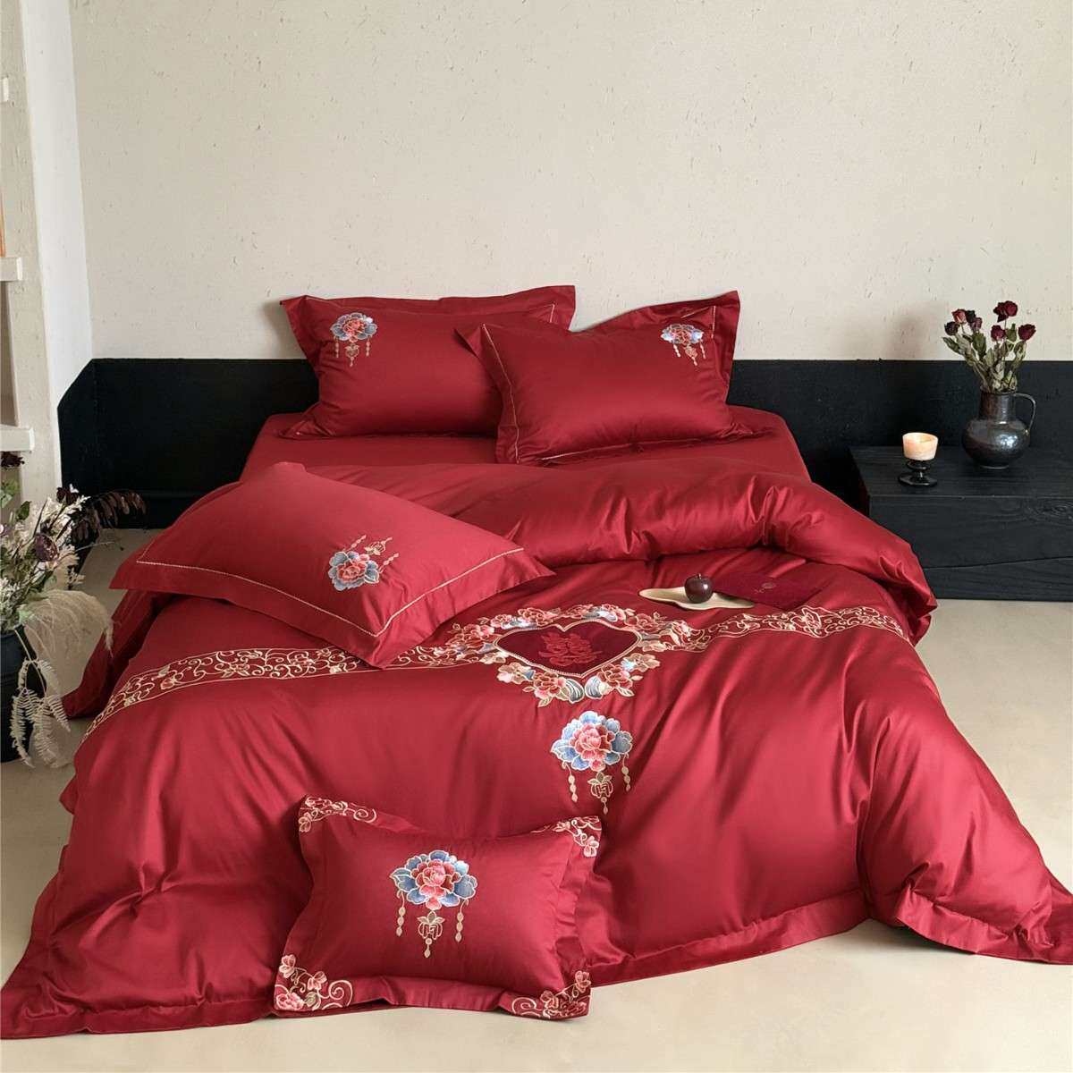 现代风婚庆大红结婚刺绣寝具床品纯棉长绒棉四件套家纺浮光线梦