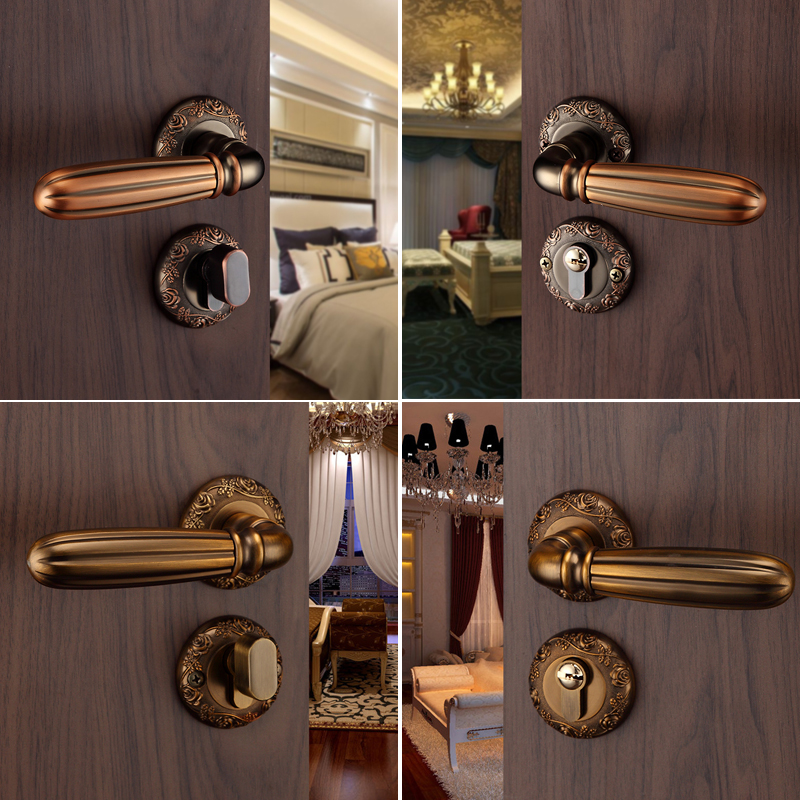 门锁室内卧室通用型房间木门分体把手家用欧式黄古铜磁吸静音锁具