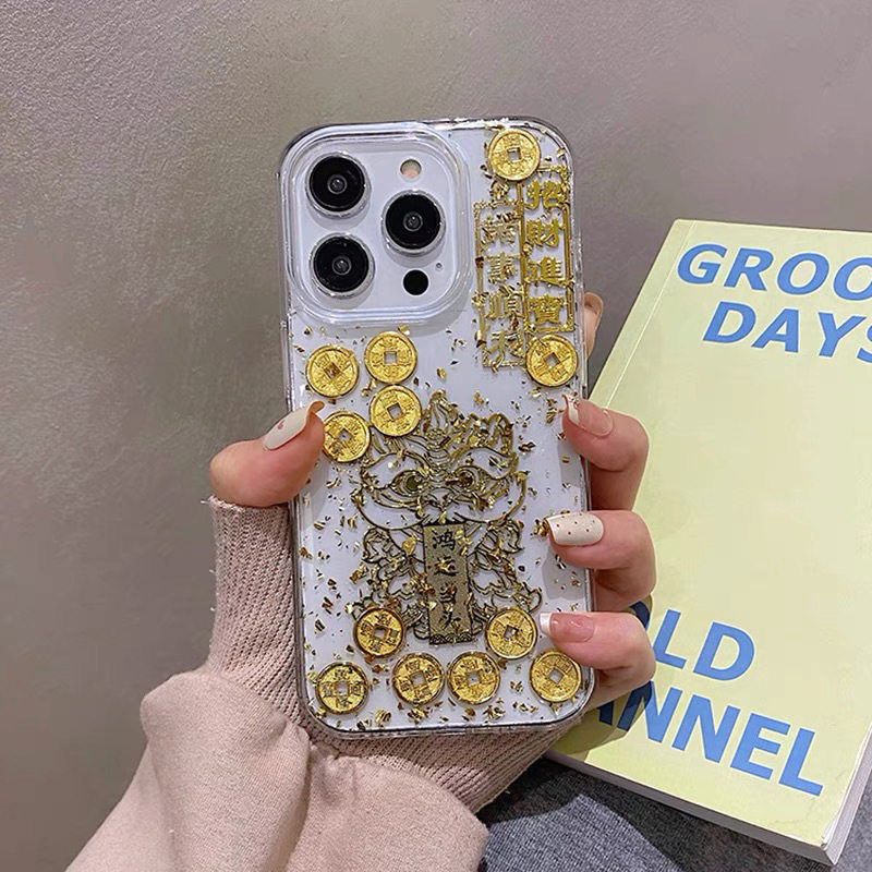 金币钱币对联醒狮金箔透明手机壳适用iPhone16promax新年款马年苹果15plus透明14时尚13女款12新款11硅胶防摔