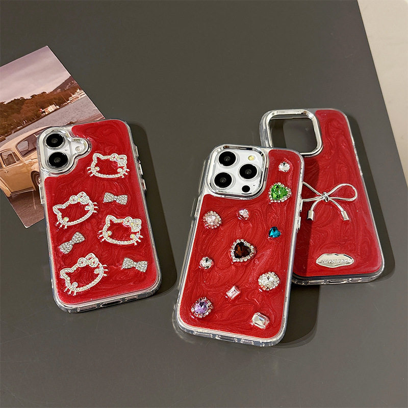 滴胶立体彩色宝石KT猫蝴蝶结手机壳适用苹果15promax软壳iPhone17pro全包14plus防摔高级感13小众中国红新年