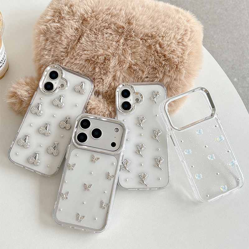 樱桃蝴蝶爱心花朵手机壳适用苹果16pro闪粉透明iPhone17Promax小清新玫瑰花15plus高级感超好看14网红保护套