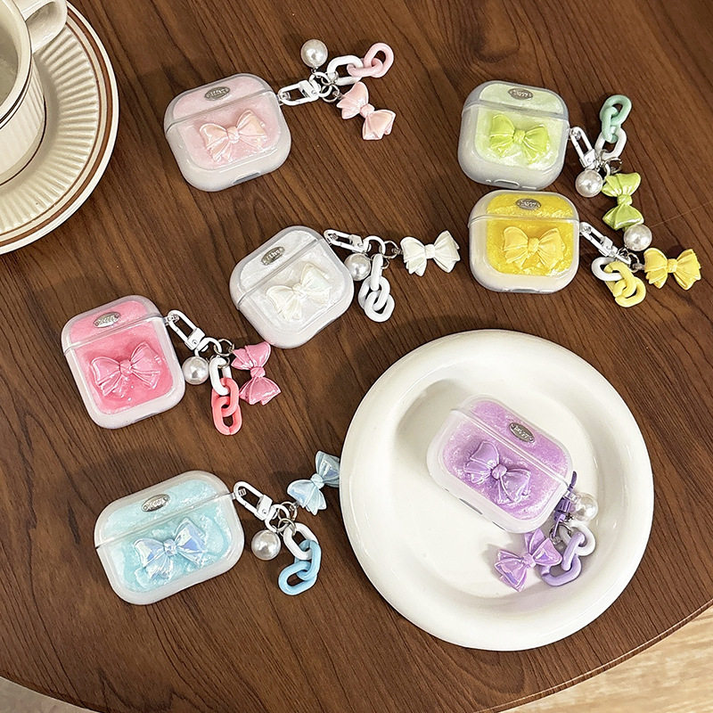 Airpods3/4代蝴蝶结珍珠苹果2代蓝牙耳机套适用Airpodspro滴胶保护壳高级感女款防摔Airpods1/2代软壳新款ins