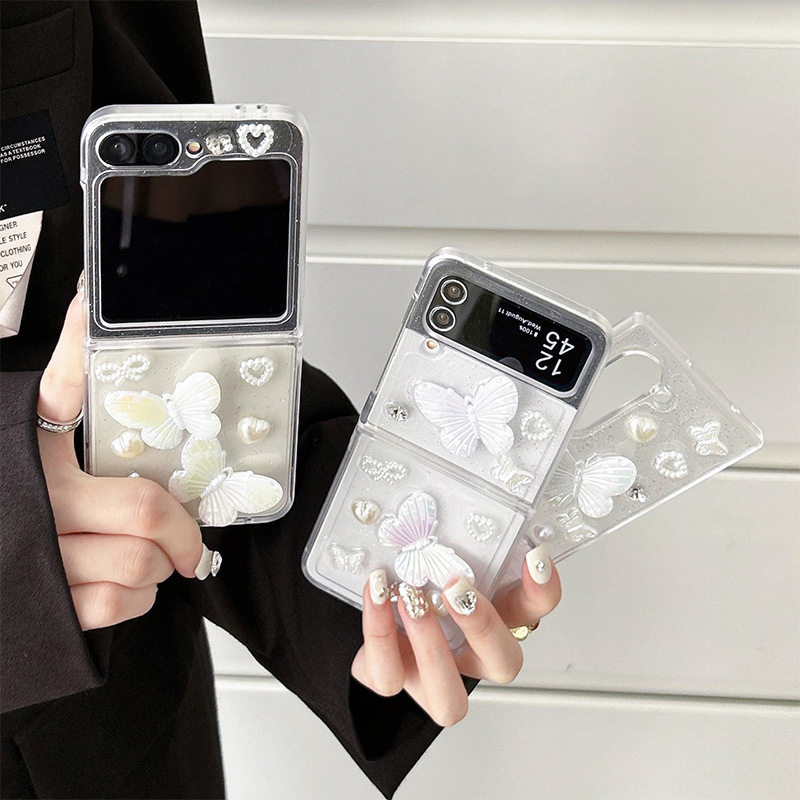 适用三星爱心蝴蝶珍珠水钻手机壳zflip6翻盖式折叠屏zfold7保护套透明女新款透明韩国ins风zflip4硬壳w25flip
