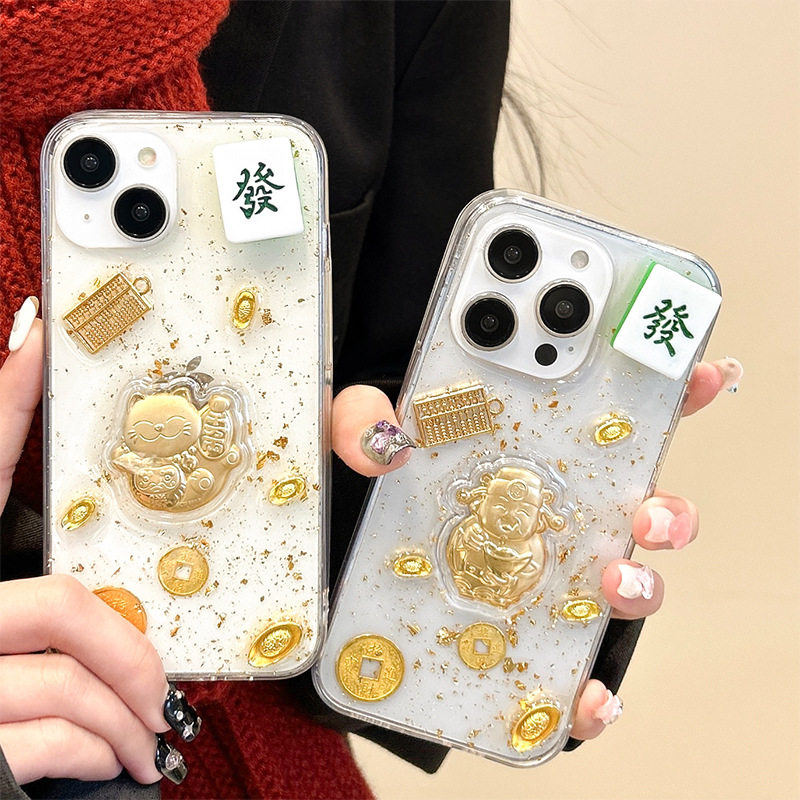 2026马年金色招财猫财神发财手机壳适用iPhone17promax新年苹果16plus金币元宝14算盘13金箔15女新款透明钱币