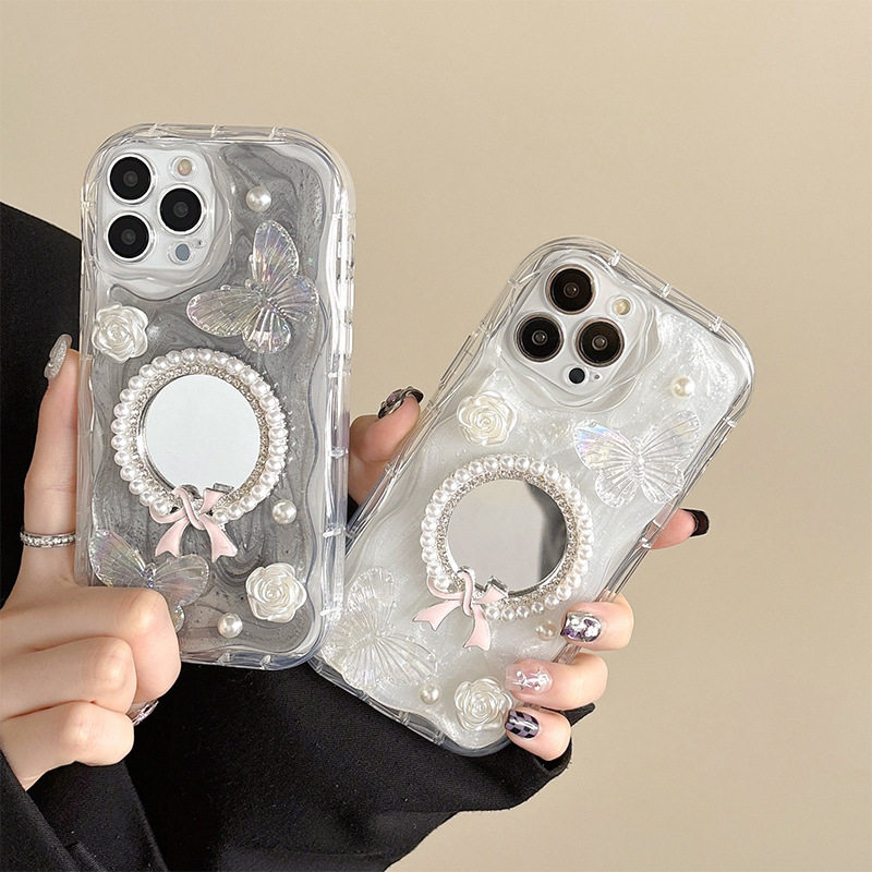 适用iPhone17promax全包手机壳滴胶女款镜子苹果16plus珍珠蝴蝶花朵15pro女款补妆镜13高级感15时尚明星同款