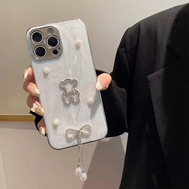 滴胶闪粉珍珠小熊手机壳适用苹果16promax珍珠吊坠iPhone17女时尚15plus新款全包防摔14蝴蝶结13高级感明星款