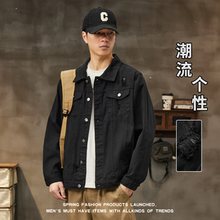 美式牛仔外套男士春秋季新款青少年潮牌工装翻领黑色短裤夹克男款