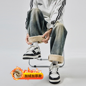 美式 子 直筒百搭阔腿休闲裤 复古青少年秋冬加绒加厚保暖牛仔裤 男款