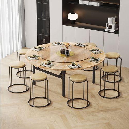 实木圆餐桌椅商用杉木面板家用吃饭桌子饭店酒店折叠加厚面板圆桌