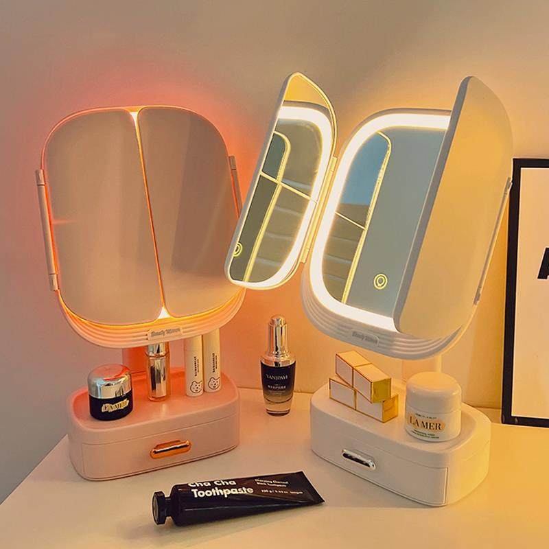 镜子化妆镜带灯可折叠桌面台式公主镜生日礼物女送闺蜜实用高级感