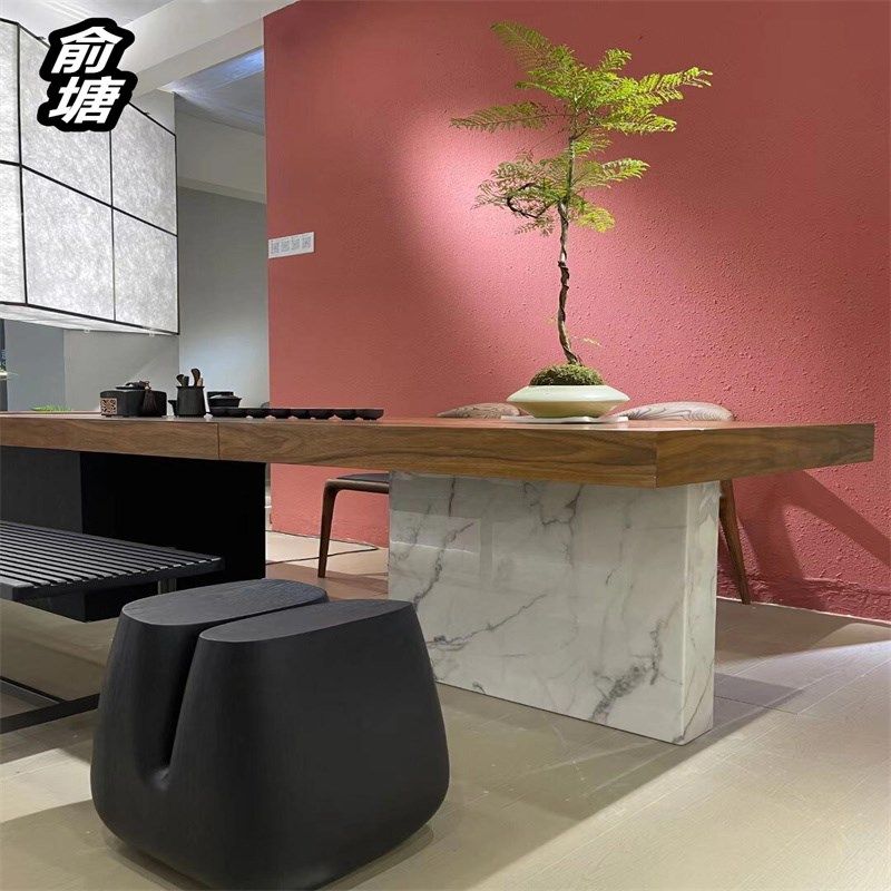 俞塘新中式实木大板茶桌椅组合2024高端别墅岩板黑胡桃办公泡茶桌